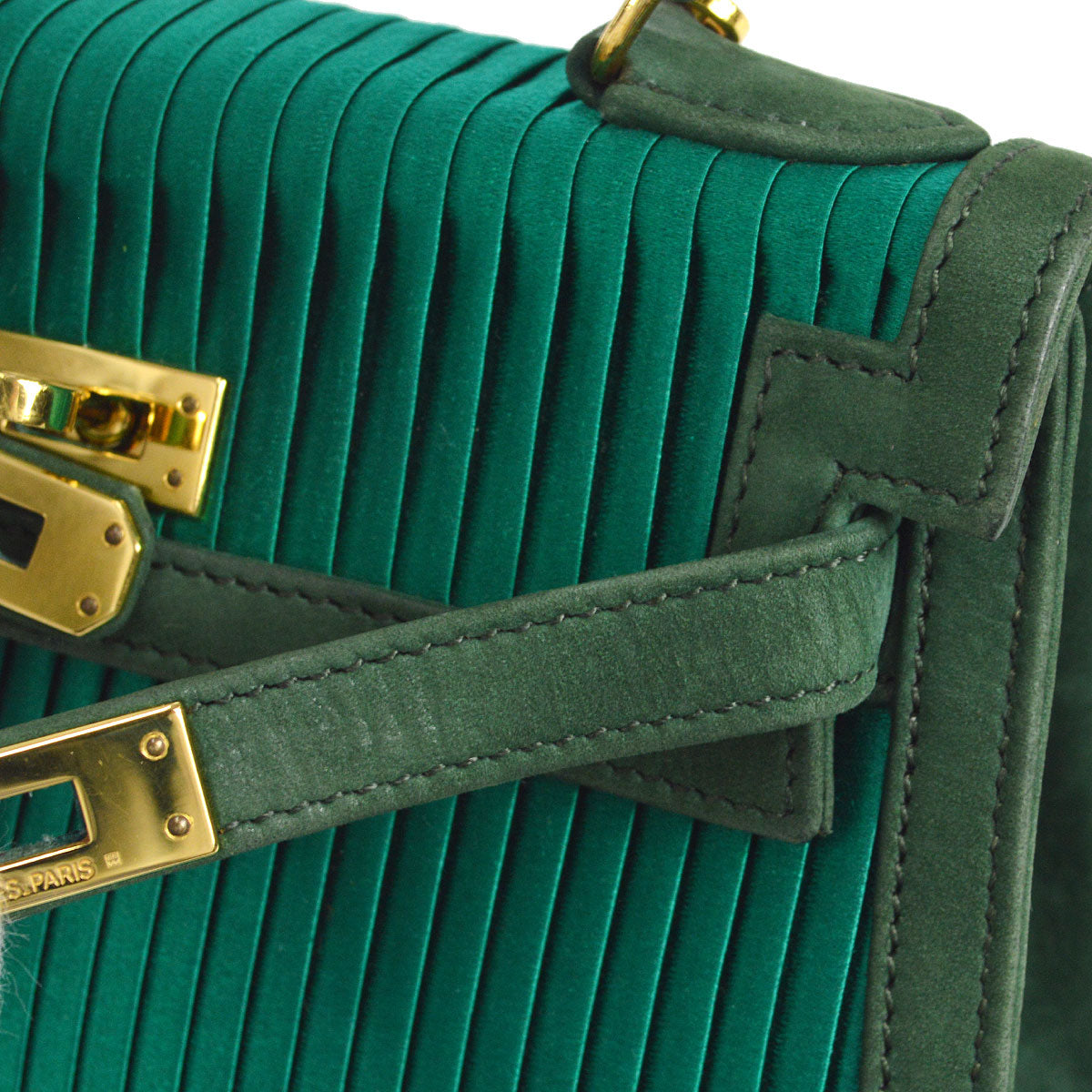 HERMES * 1990 KELLY 20 SELLIER Green Pleated Satin