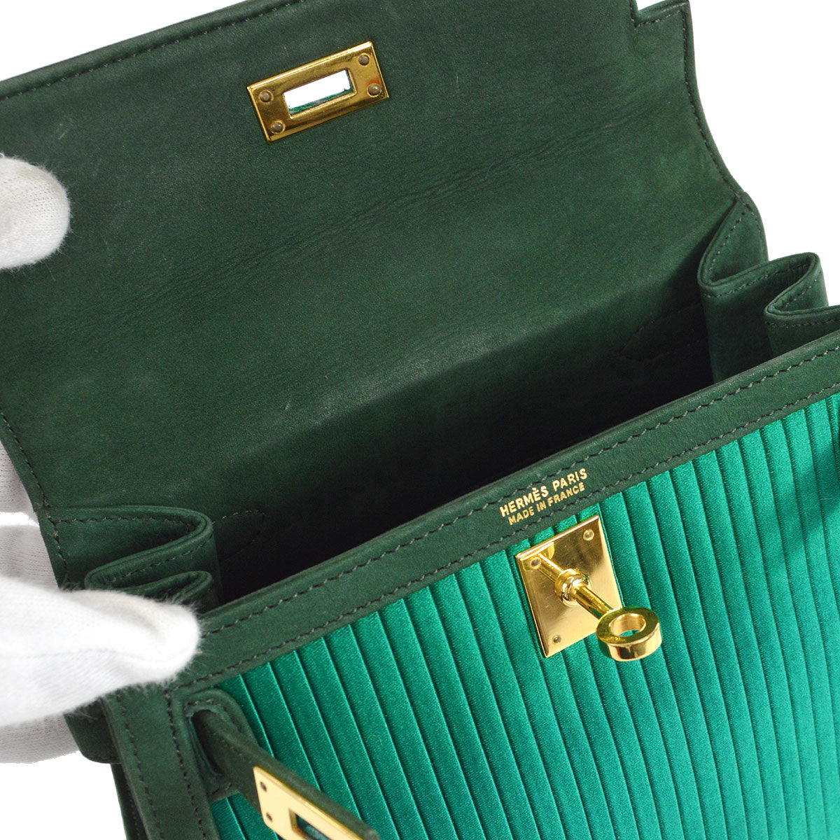 HERMES * 1990 KELLY 20 SELLIER Green Pleated Satin