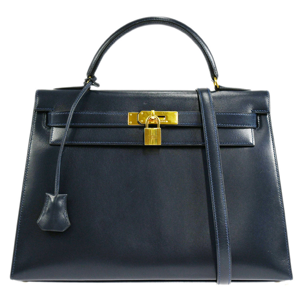 HERMES 1992 KELLY 32 SELLIER Blue indigo Box Calf