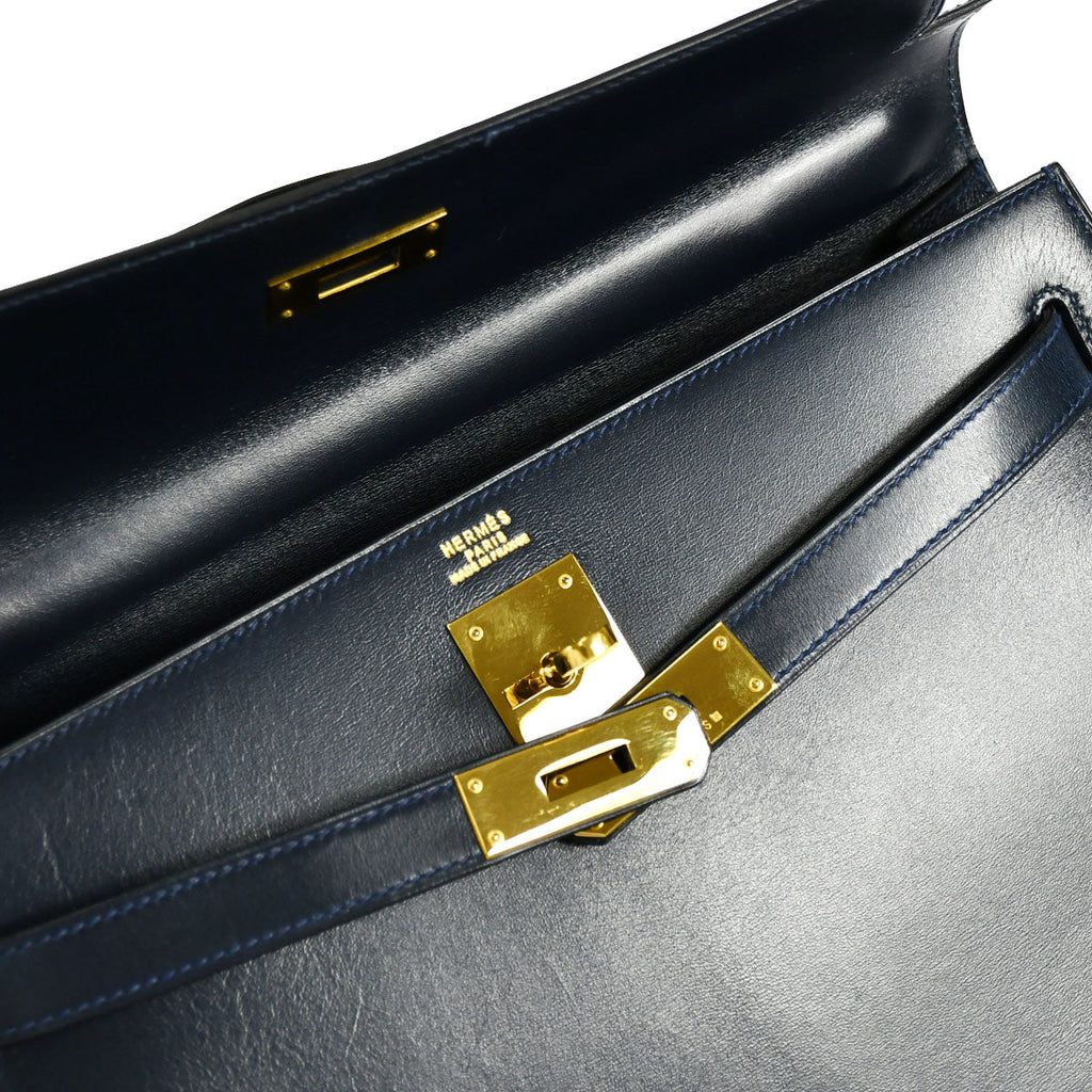 HERMES 1992 KELLY 32 SELLIER Blue indigo Box Calf
