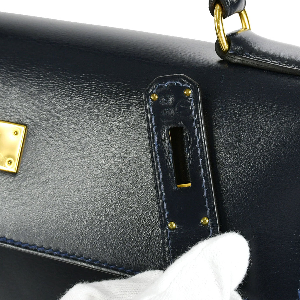 HERMES 1992 KELLY 32 SELLIER Blue indigo Box Calf