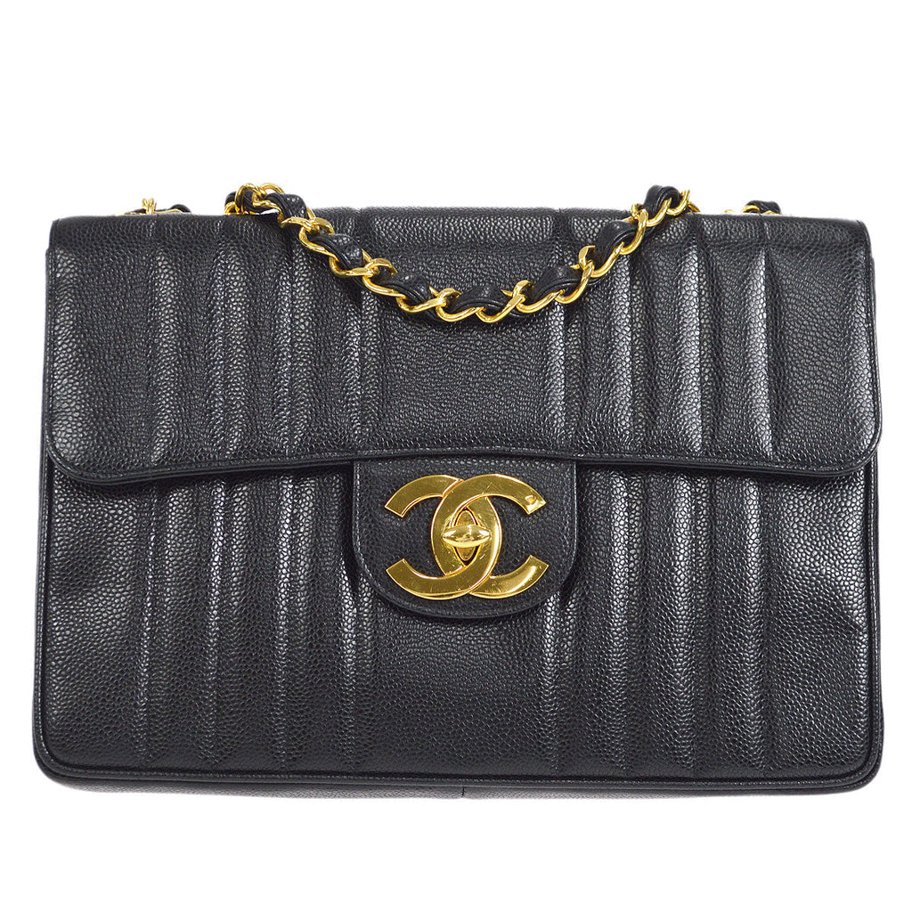 CHANEL★ 1991-1994 Vertical Classic Flap Jumbo Black Caviar 27226