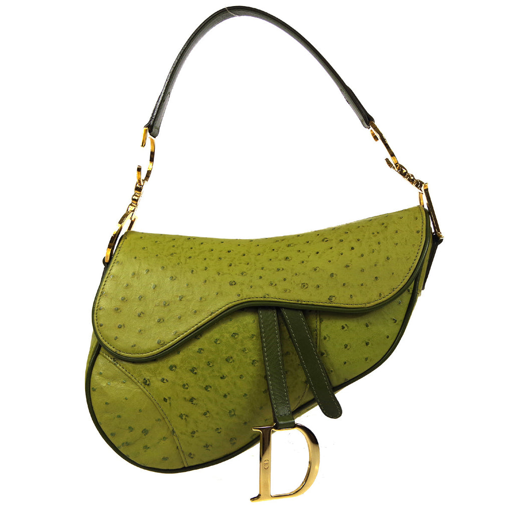 Christian Dior Saddle Handbag Green Ostrich