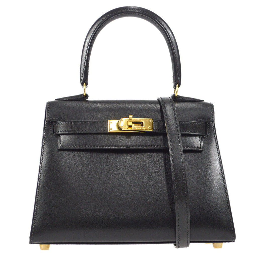 HERMES KELLY 20 SELLIER 2way Shoulder Handbag Black Box Calf