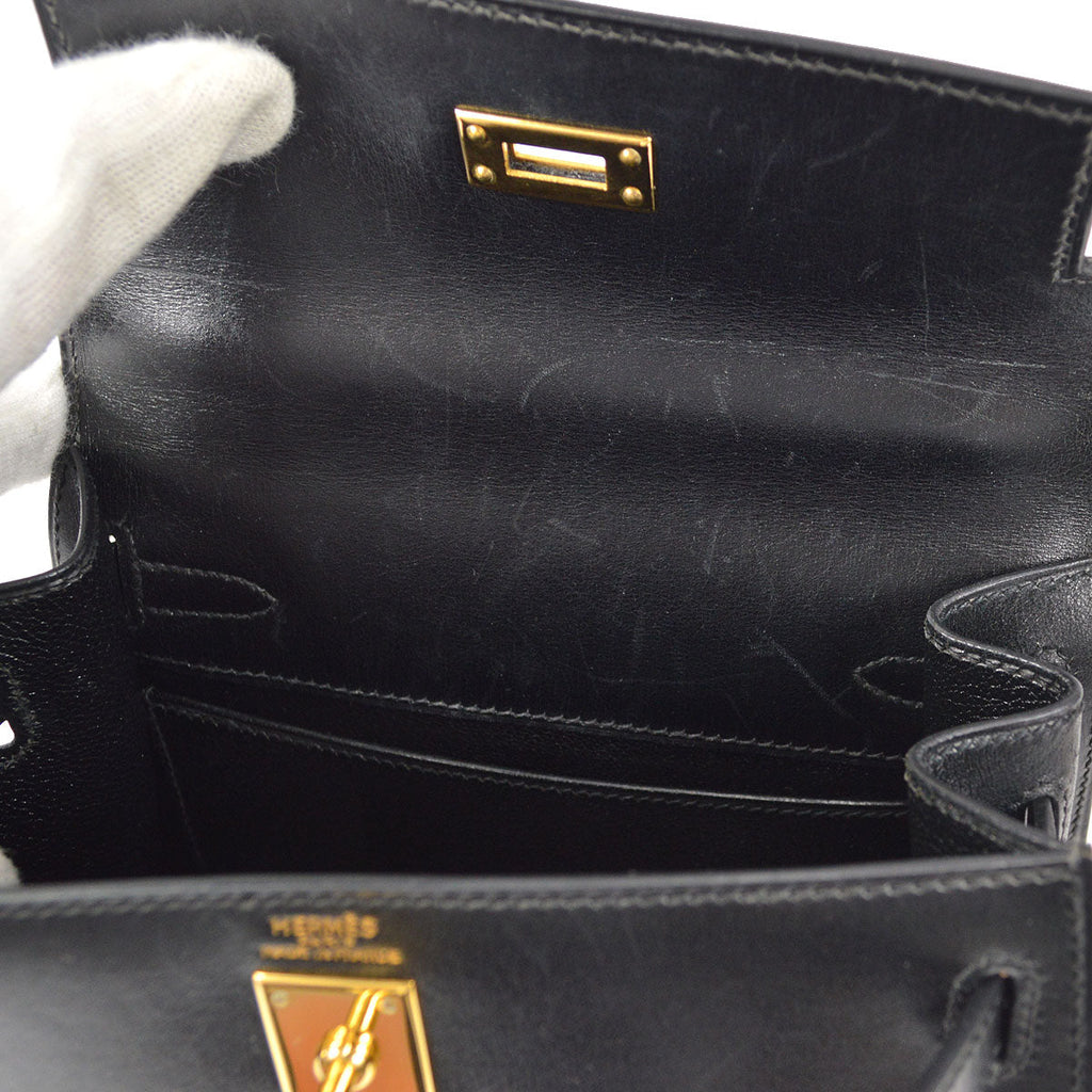 HERMES KELLY 20 SELLIER 2way Shoulder Handbag Black Box Calf