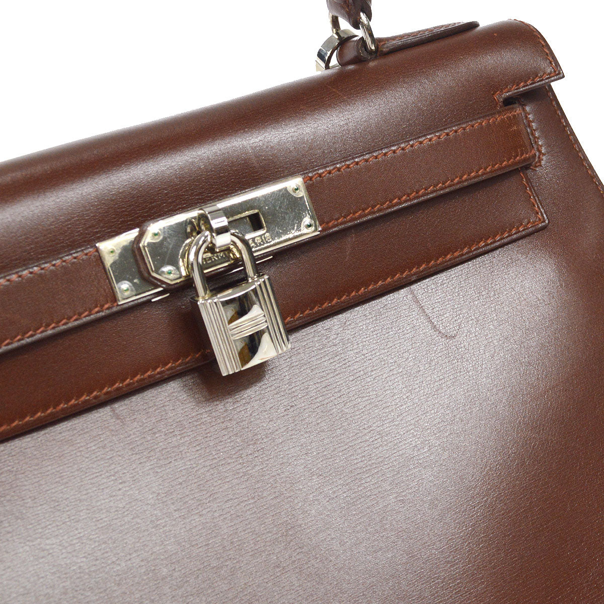 HERMES KELLY 28 SELLIER 2way Shoulder Handbag Brown Box Calf