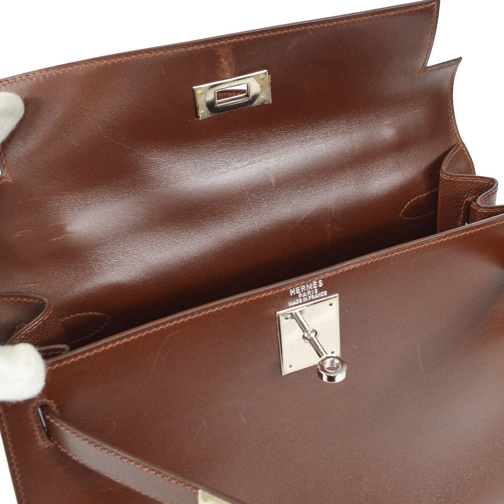 HERMES KELLY 28 SELLIER 2way Shoulder Handbag Brown Box Calf