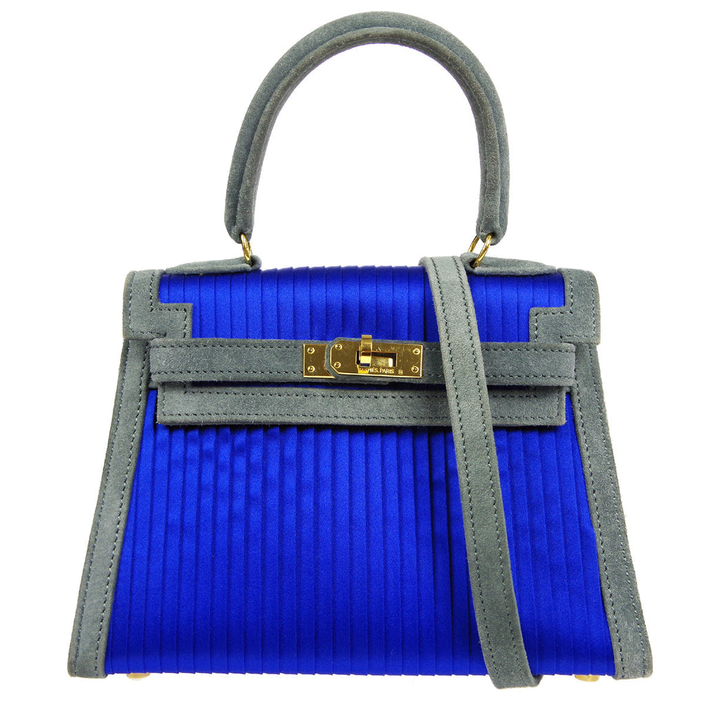 HERMES * KELLY 20 SELLIER 2way Shoulder Handbag Pleats Blue Gray Doblis Satin