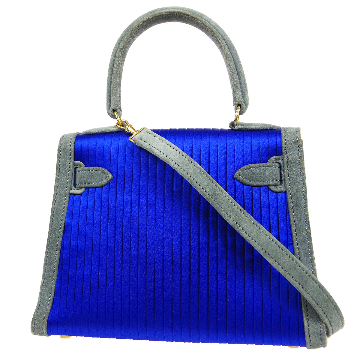 HERMES * KELLY 20 SELLIER 2way Shoulder Handbag Pleats Blue Gray Doblis Satin