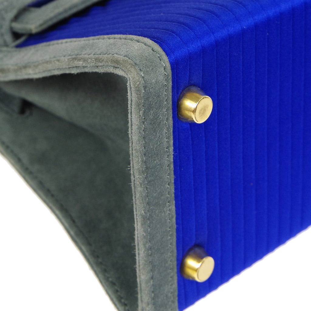 HERMES * KELLY 20 SELLIER 2way Shoulder Handbag Pleats Blue Gray Doblis Satin