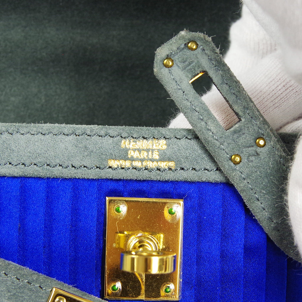HERMES * KELLY 20 SELLIER 2way Shoulder Handbag Pleats Blue Gray Doblis Satin