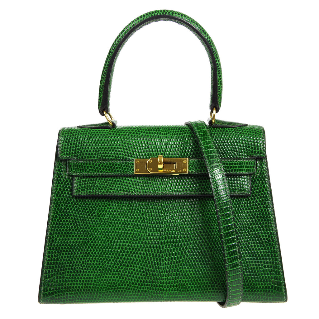 HERMES * KELLY 20 SELLIER 2way Shoulder Handbag Green Lizard