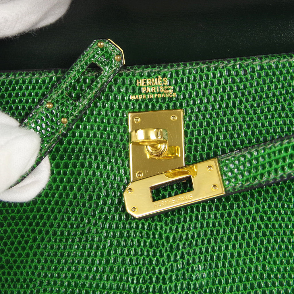HERMES * KELLY 20 SELLIER 2way Shoulder Handbag Green Lizard