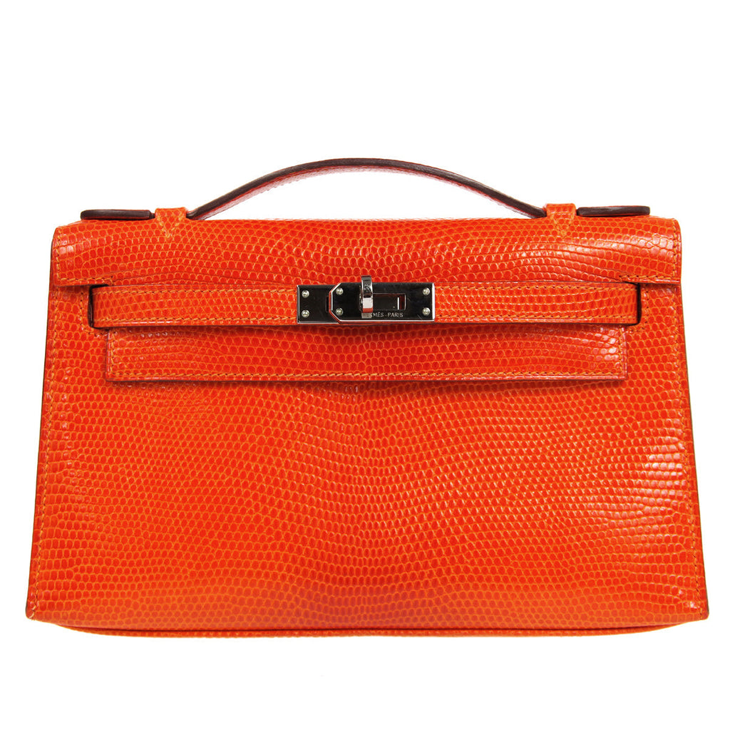 HERMES * POCHETTE KELLY Handbag Orange Lizard