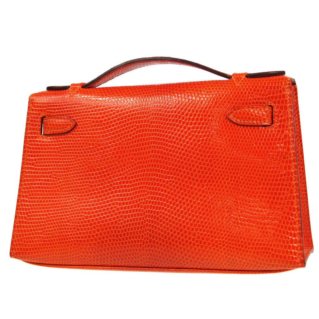 HERMES * POCHETTE KELLY Handbag Orange Lizard