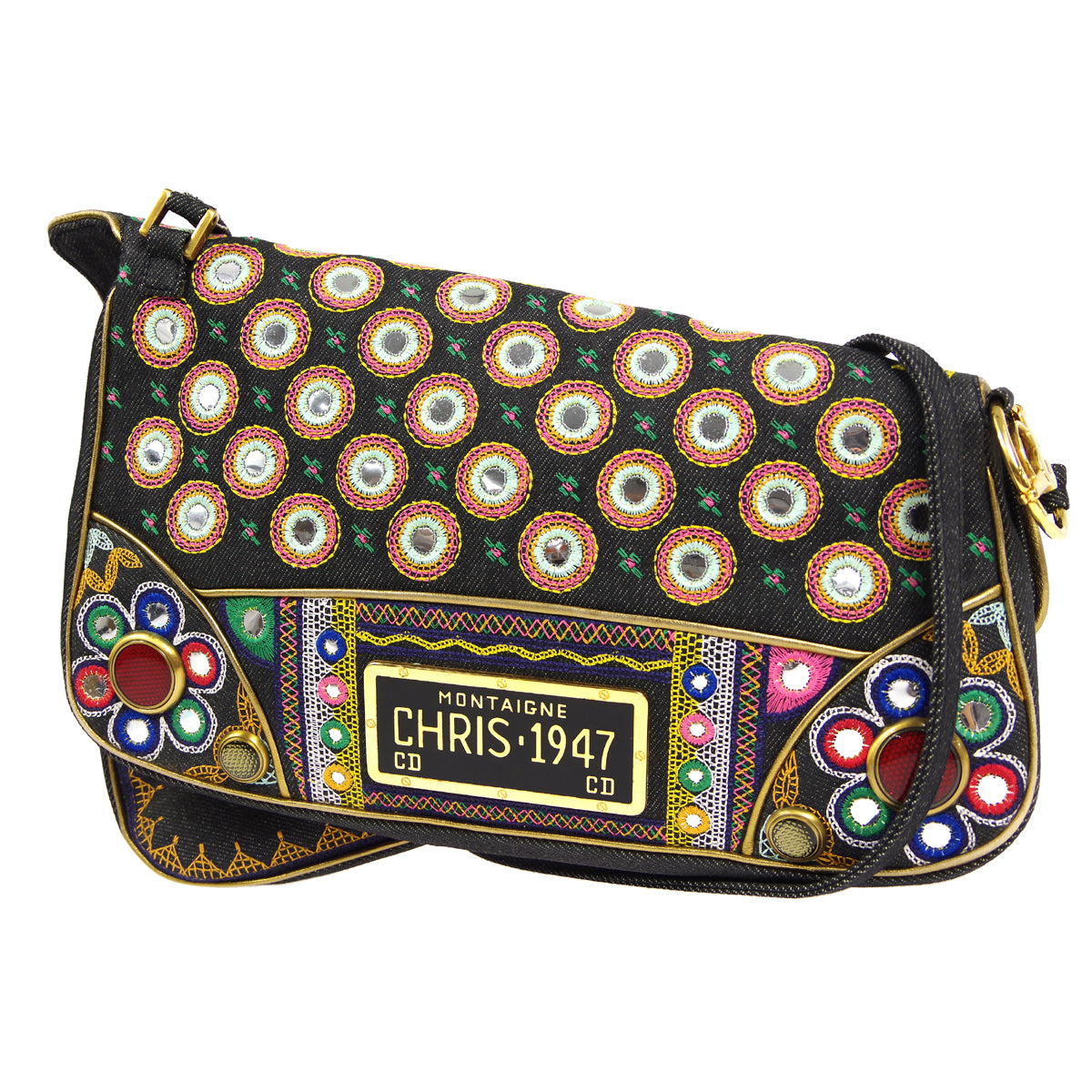Christian Dior * MONTAIGNE CHRIS 1947 Embroidery 2way Shoulder Hnadbag Multicolor Denim