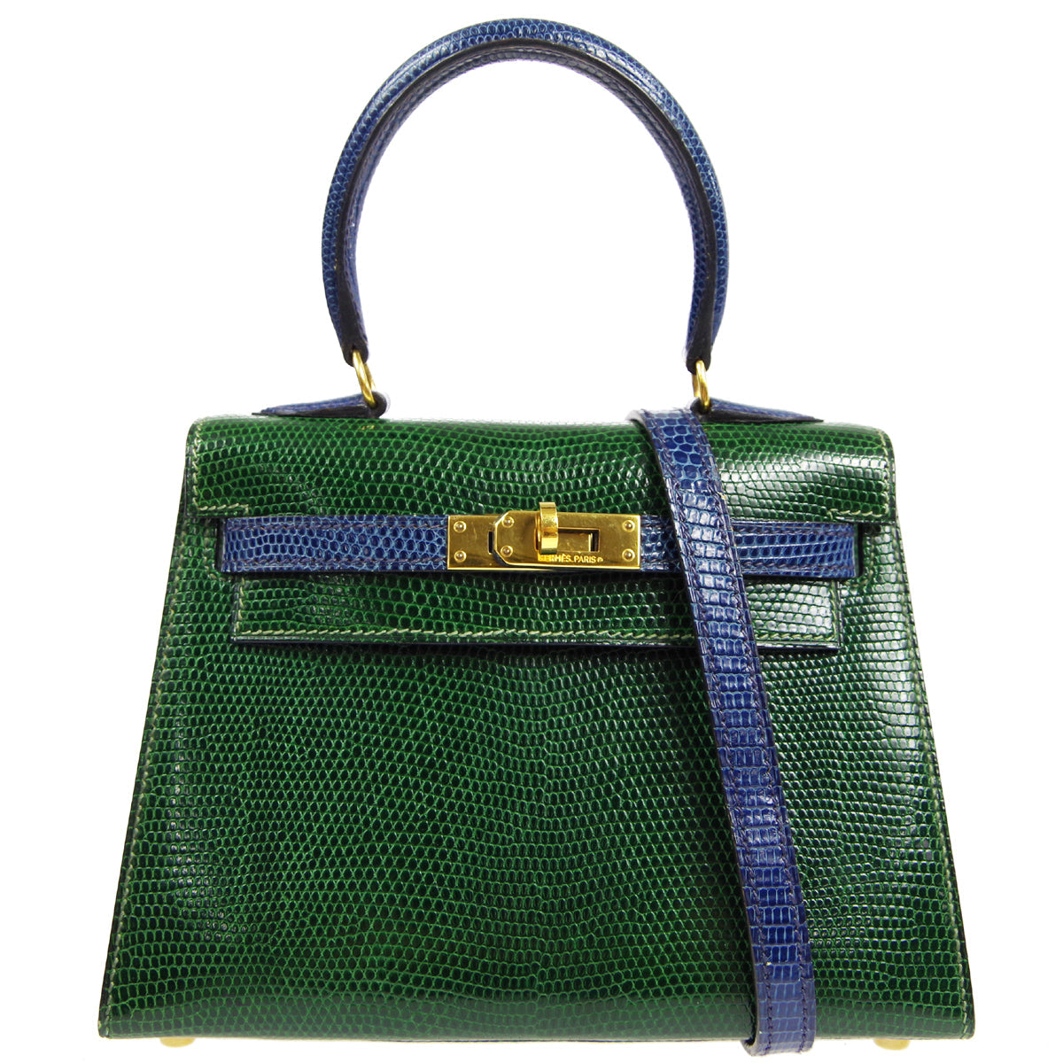 HERMES * KELLY 20 SELLIER 2way Shoulder Handbag Green Blue Lizard