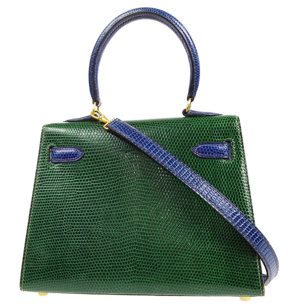 HERMES * KELLY 20 SELLIER 2way Shoulder Handbag Green Blue Lizard