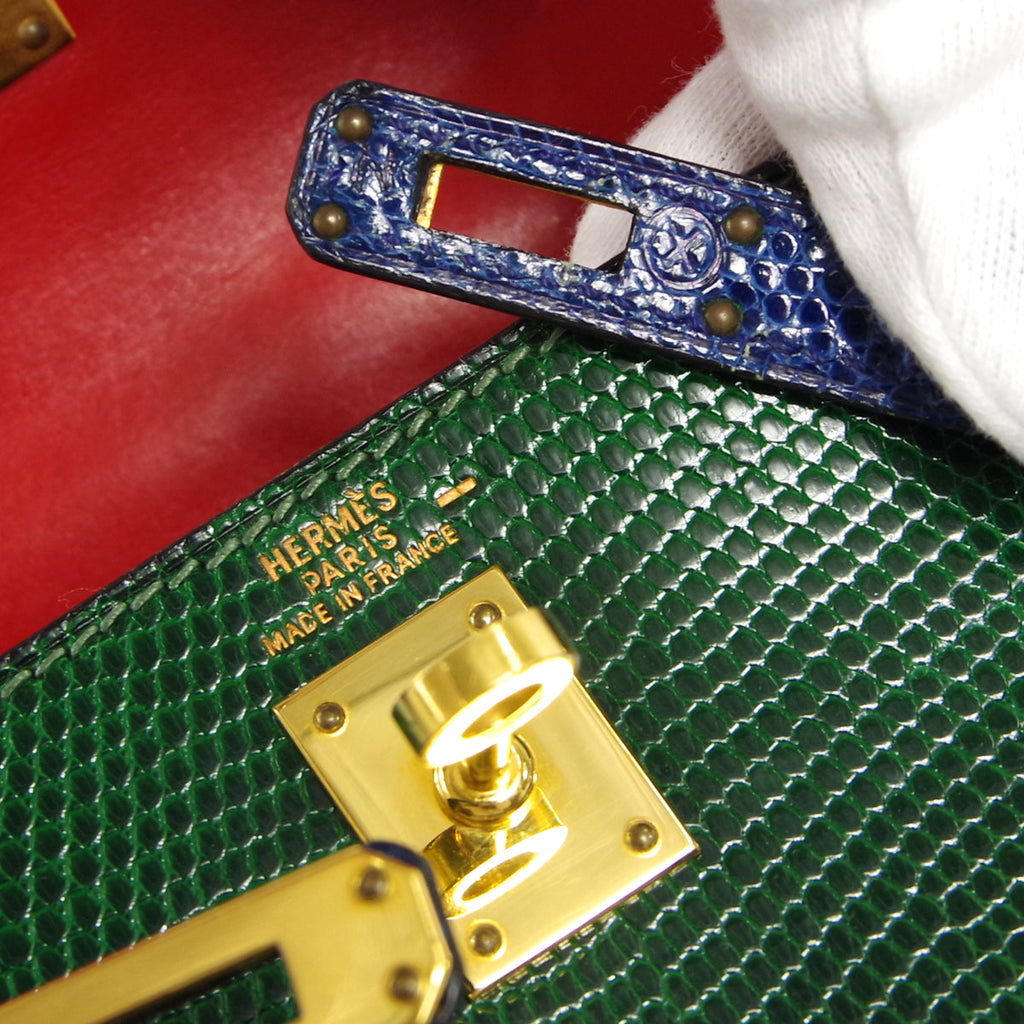 HERMES * KELLY 20 SELLIER 2way Shoulder Handbag Green Blue Lizard