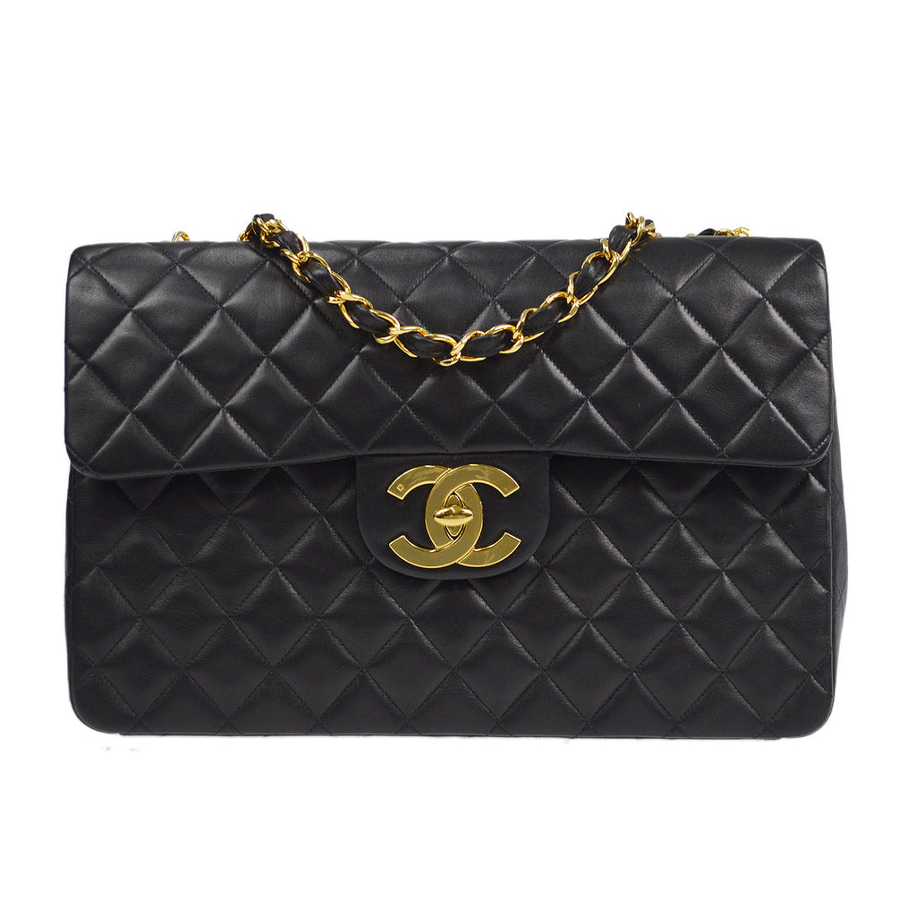 CHANEL Classic Flap Maxi Chain Shoulder Bag Black Lambskin 87293