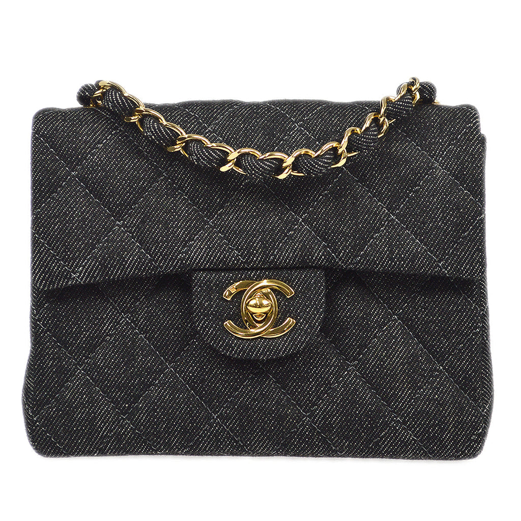 CHANEL 1997-1999 Classic Flap Mini Square 17 Black Denim 77473
