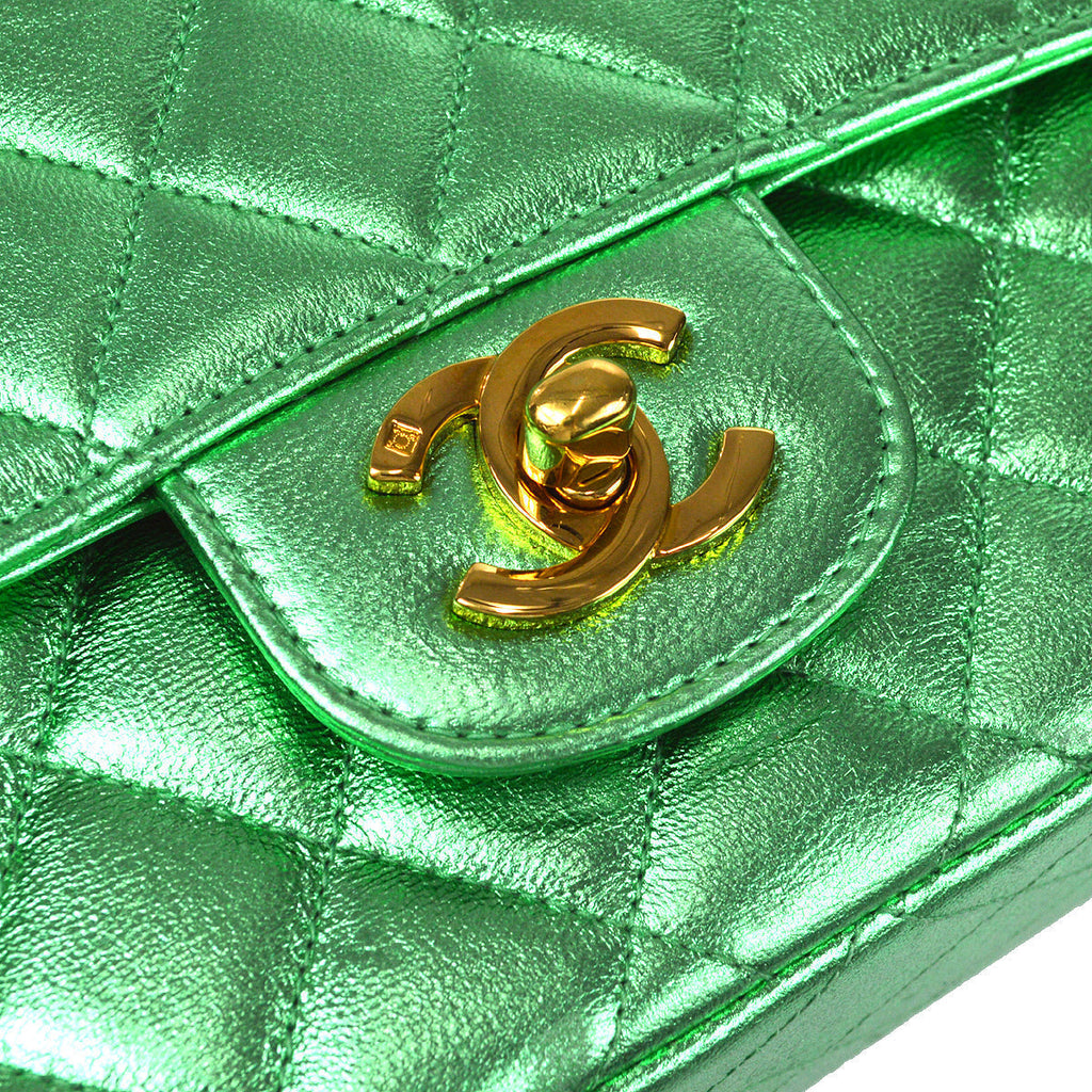 CHANEL 1994 Classic Flap Handbag Medium Metallic Green Lambskin 66857