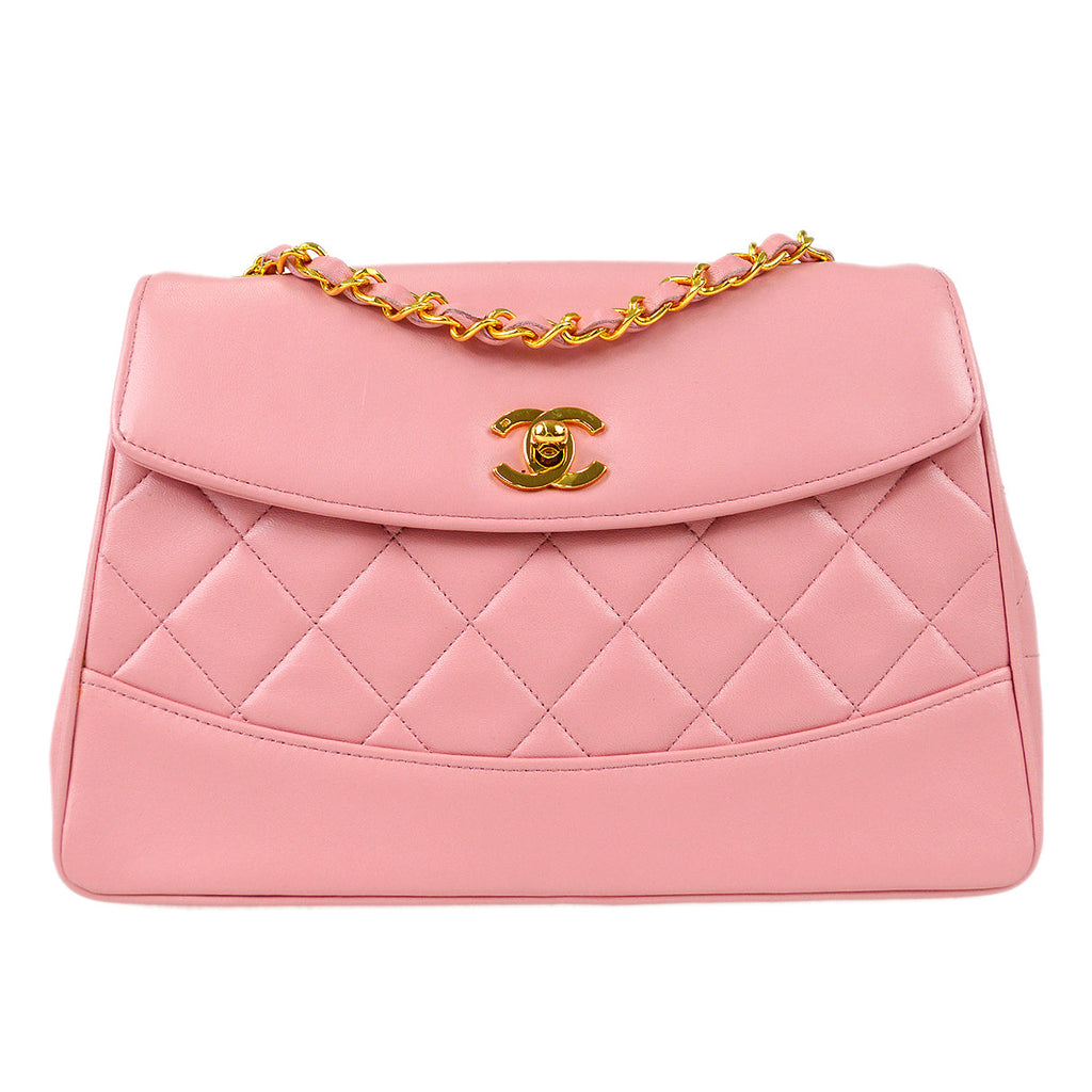 CHANEL * 1989-1991 Round Flap Shoulder Bag Medium Pink Lambskin 67904
