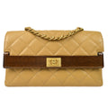 CHANEL * 2003-2004 Wood Detailed Strait Flap Small Beige Caviar 97686