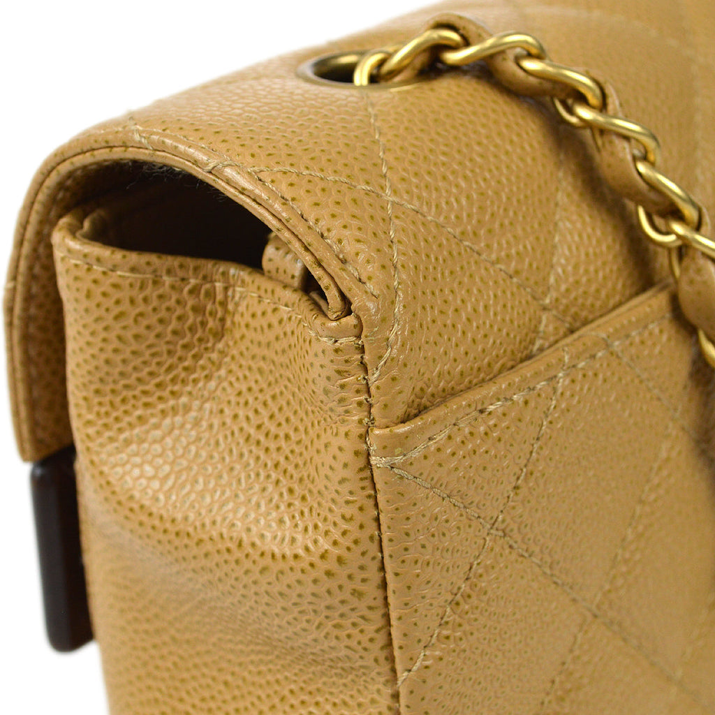 CHANEL * 2003-2004 Wood Detailed Strait Flap Small Beige Caviar 97686