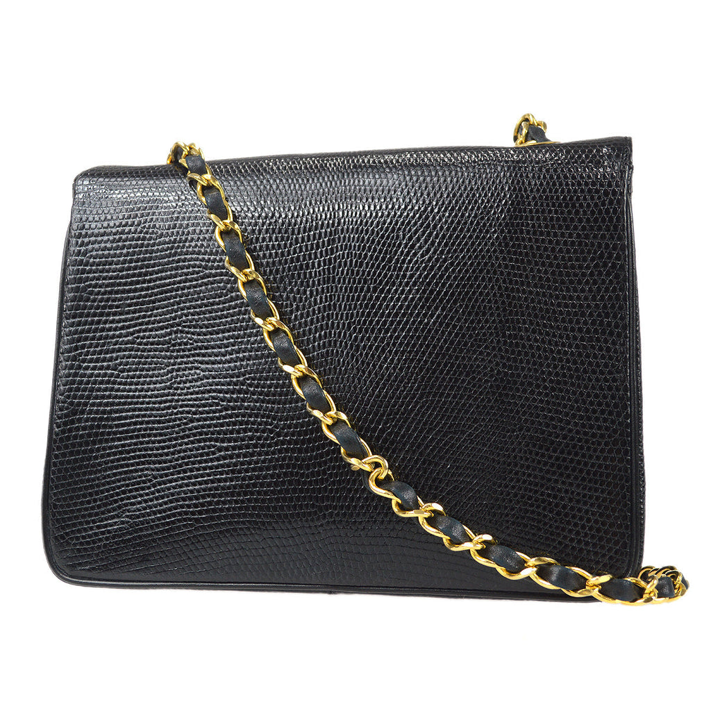 CHANEL * 1989-1991 Classic Square Flap 20 Black Lizard 87982