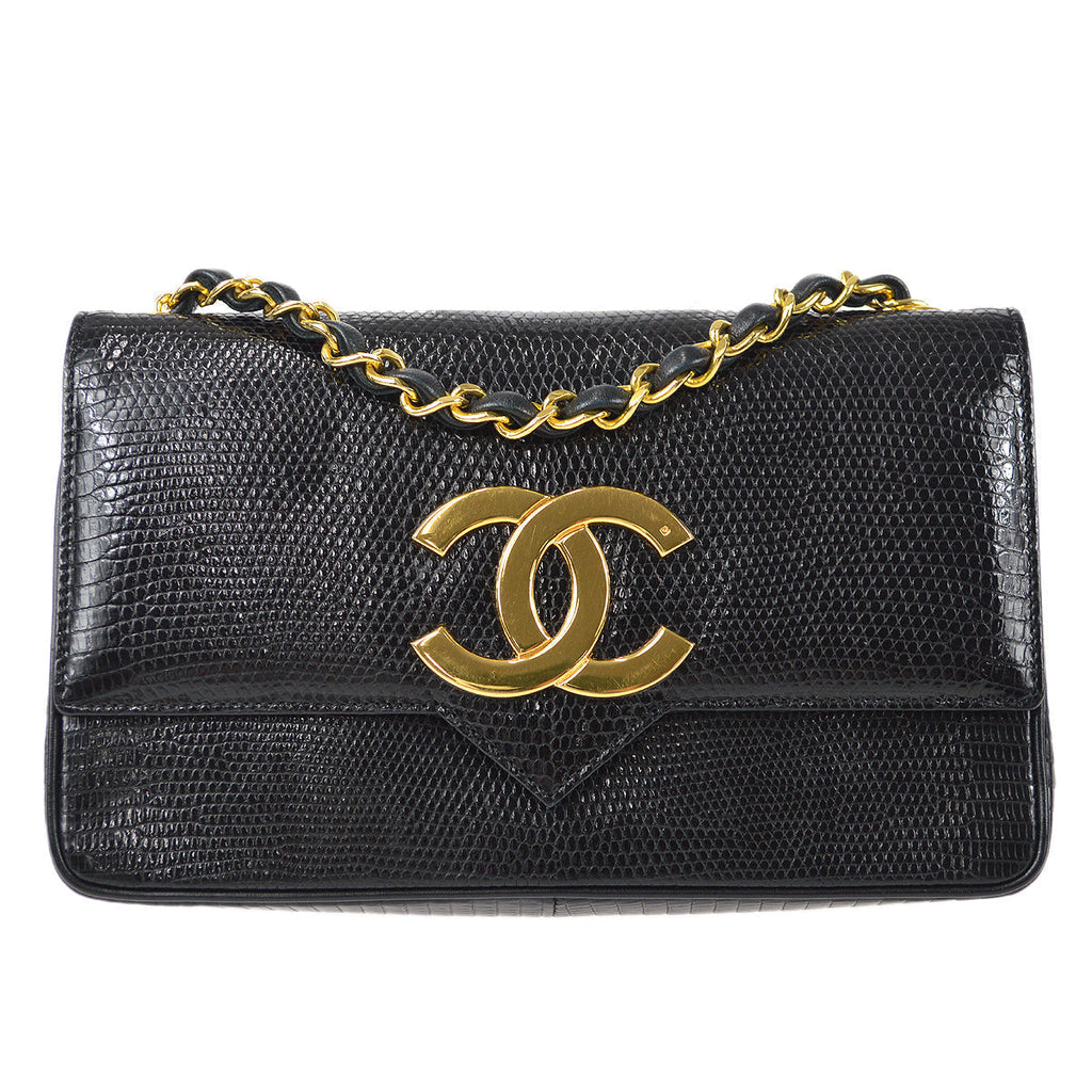 CHANEL * Straight Flap Chain Shoulder Bag Black Lizard 98558