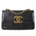 CHANEL * Straight Flap Chain Shoulder Bag Black Lizard 98558