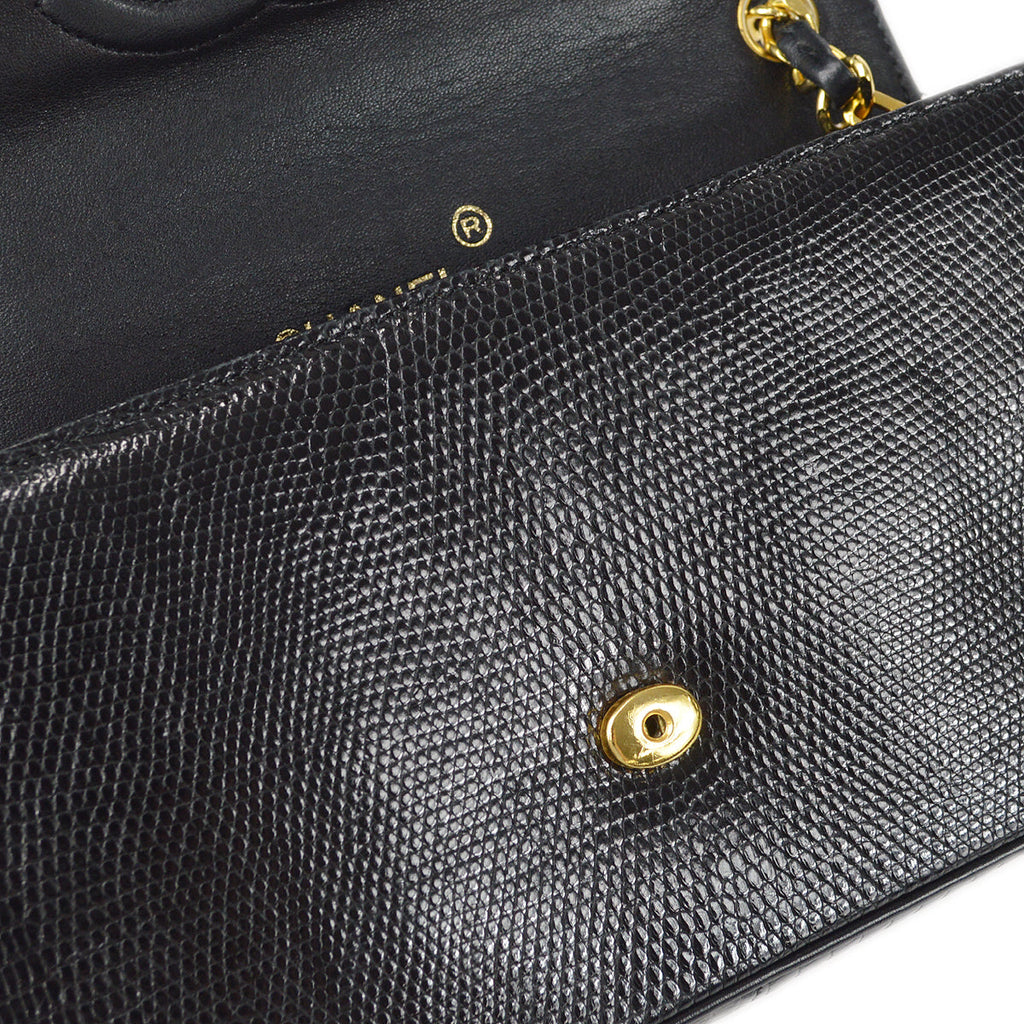 CHANEL * Straight Flap Chain Shoulder Bag Black Lizard 98558