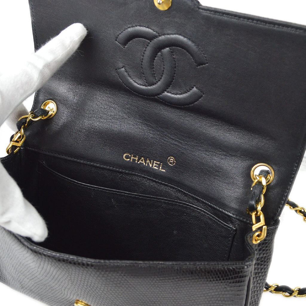 CHANEL * Straight Flap Chain Shoulder Bag Black Lizard 98558