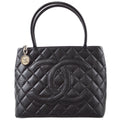 CHANEL Medallion Quilted Tote Handbag Black Caviar 78446
