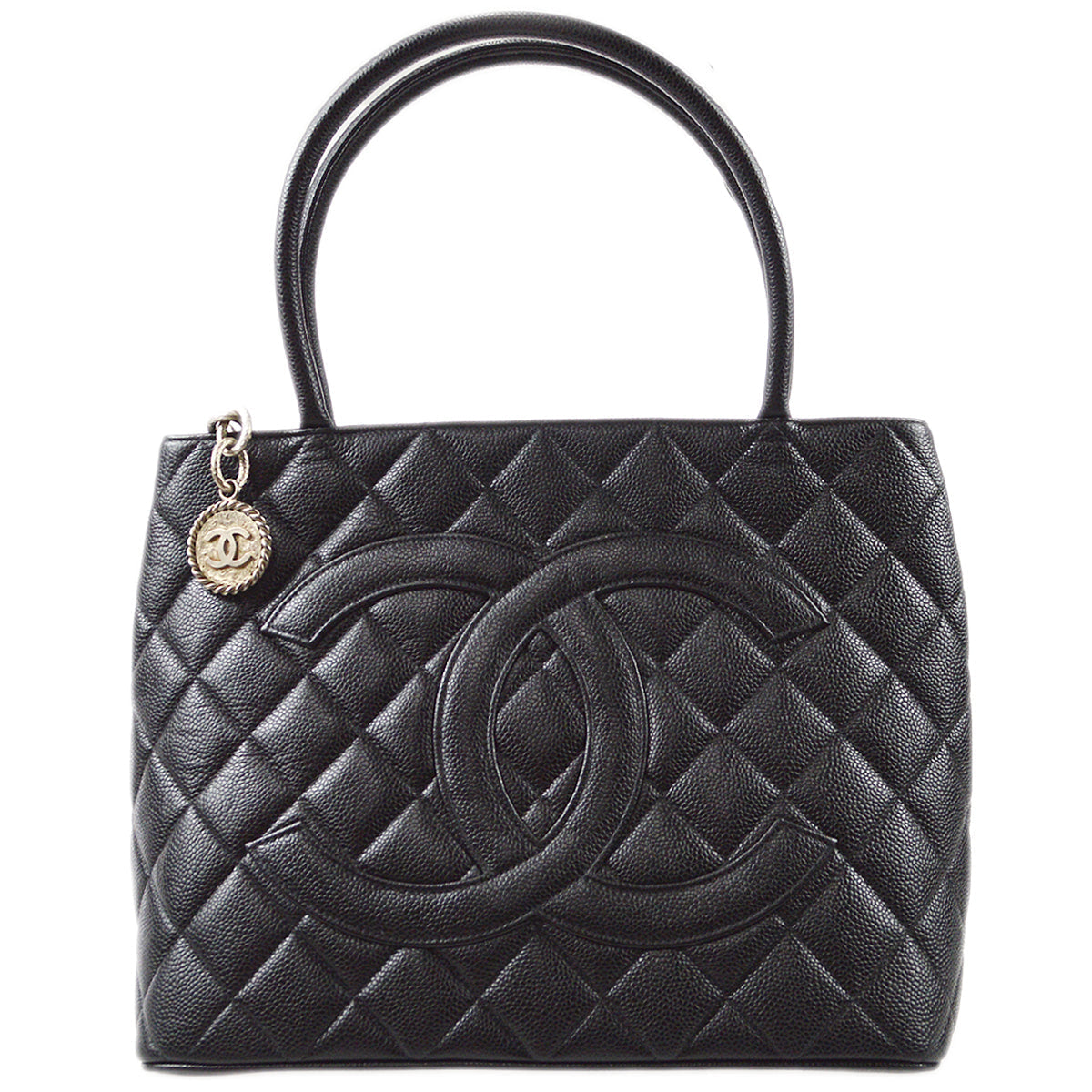 CHANEL Medallion Quilted Tote Handbag Black Caviar 78446