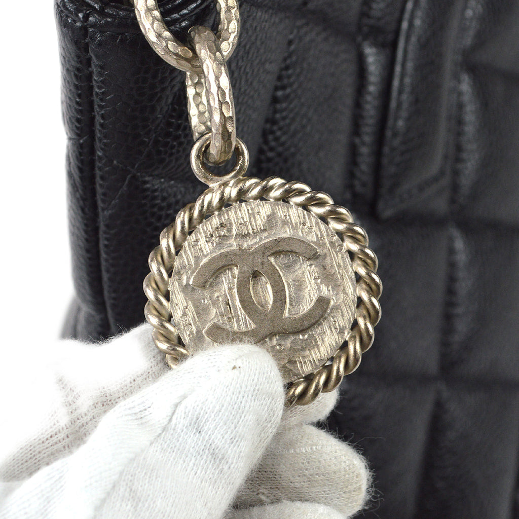 CHANEL Medallion Quilted Tote Handbag Black Caviar 78446