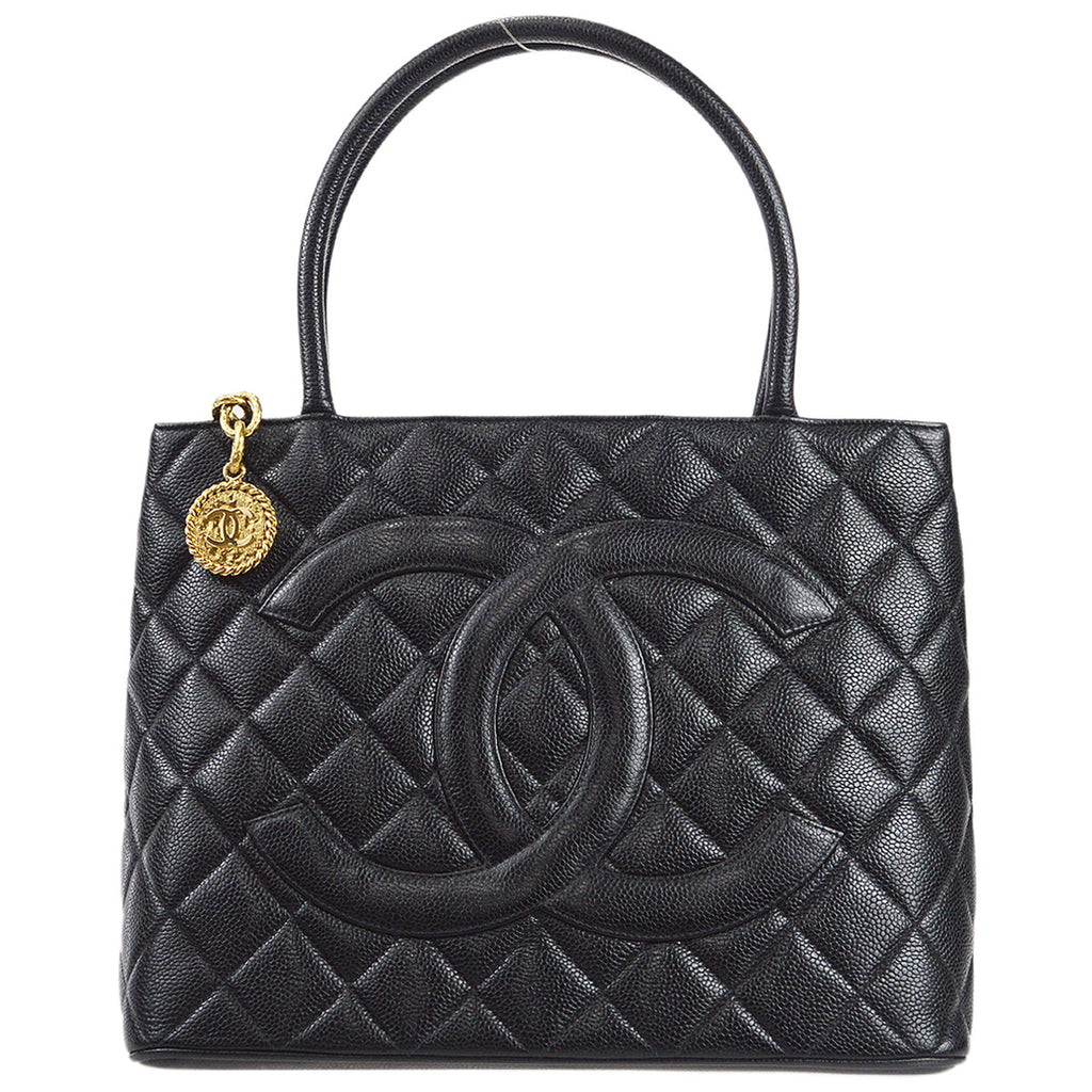 CHANEL Medallion Quilted Tote Handbag Black Caviar 78481