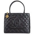 CHANEL Medallion Quilted Tote Handbag Black Caviar 78481