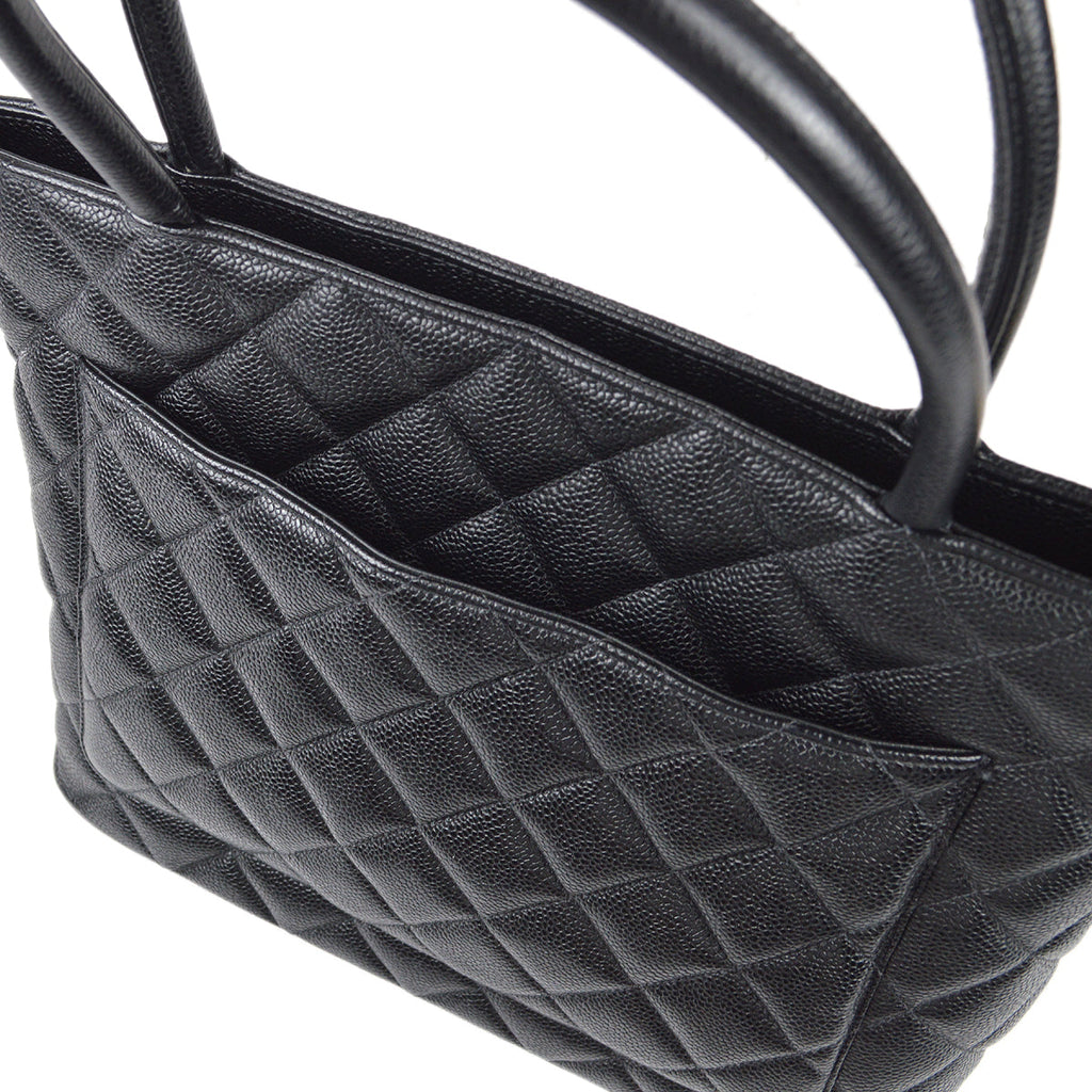 CHANEL Medallion Quilted Tote Handbag Black Caviar 78481