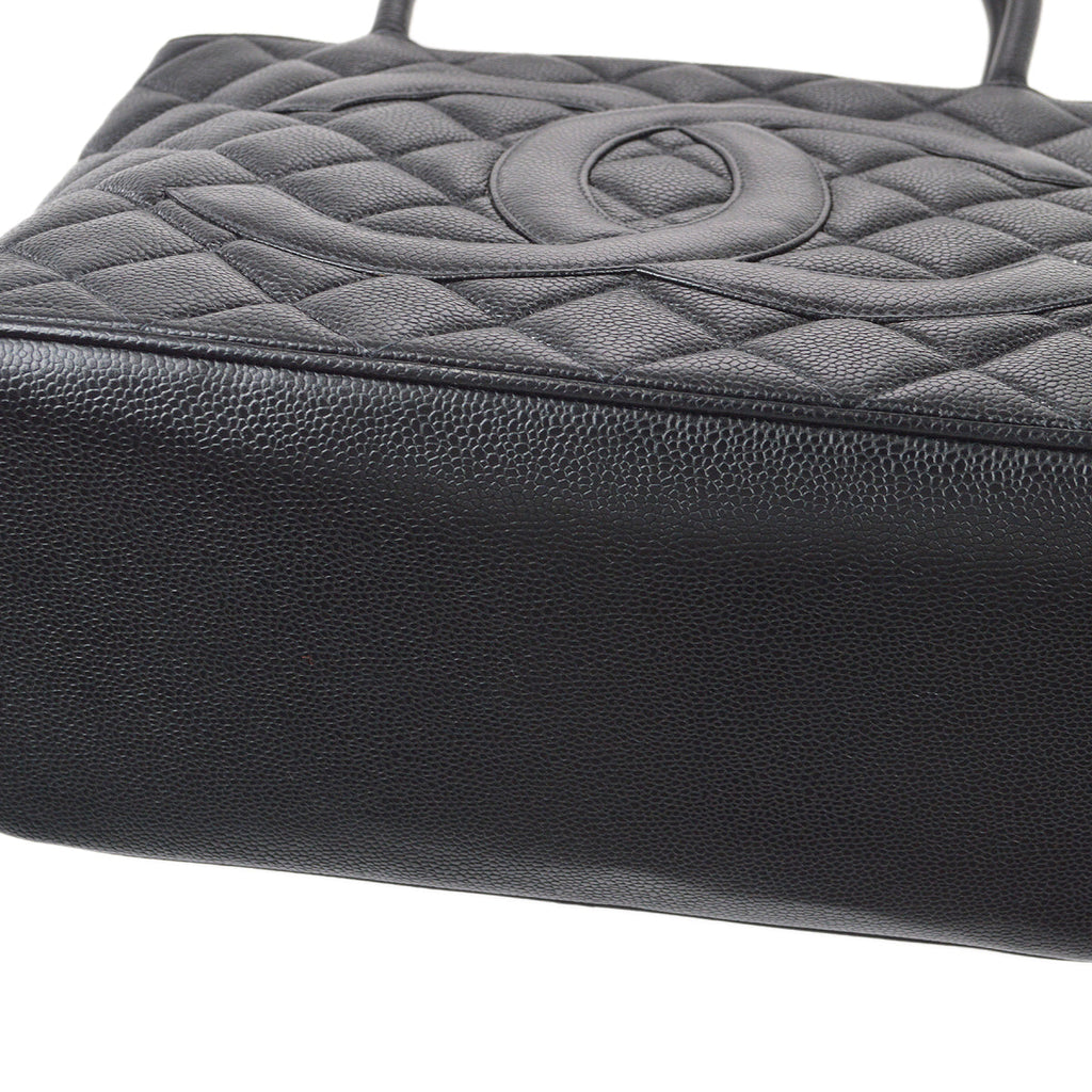 CHANEL Medallion Quilted Tote Handbag Black Caviar 78481
