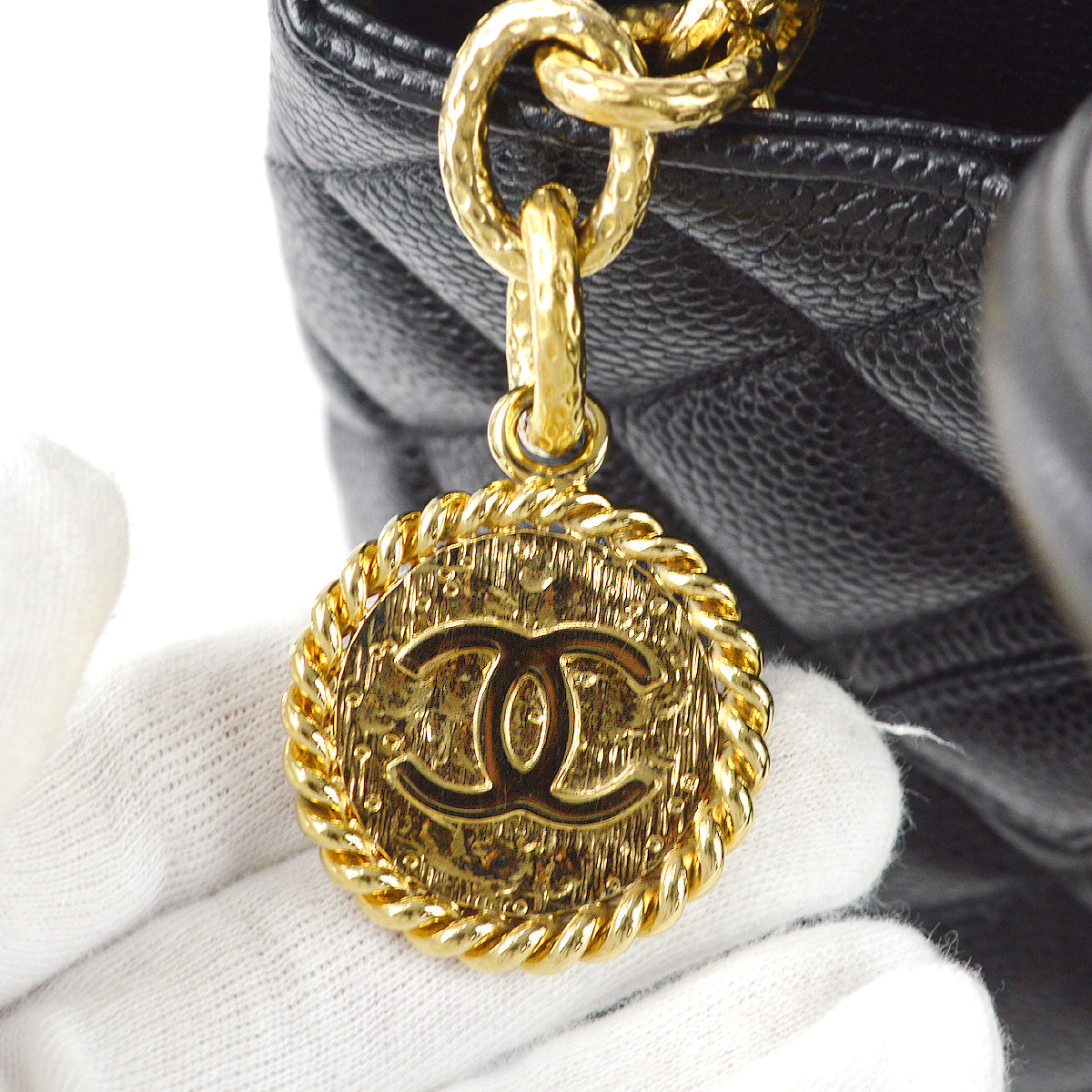 CHANEL Medallion Quilted Tote Handbag Black Caviar 78481