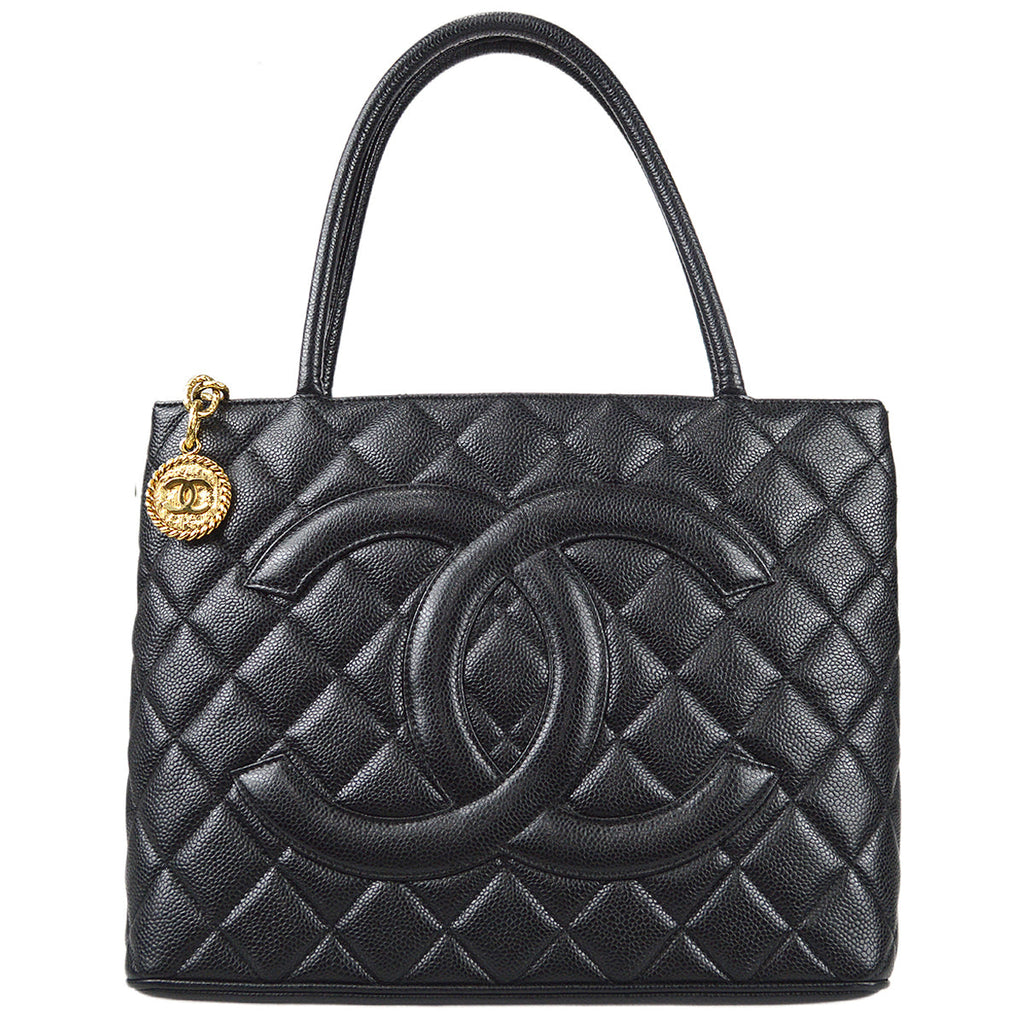 CHANEL Medallion Quilted Tote Handbag Black Caviar 78500