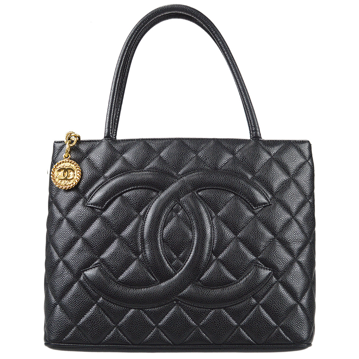 CHANEL Medallion Quilted Tote Handbag Black Caviar 78500