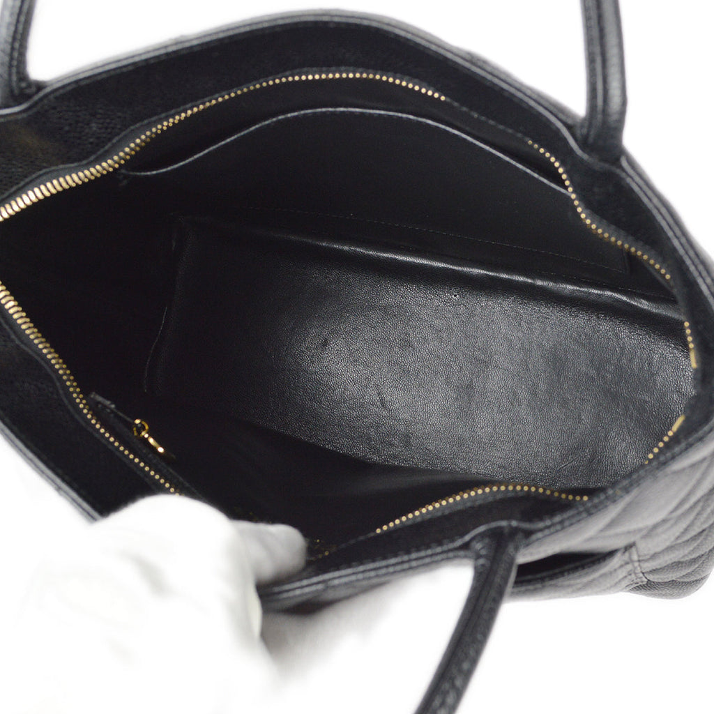 CHANEL Medallion Quilted Tote Handbag Black Caviar 78500