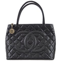 CHANEL Medallion Quilted Tote Handbag Black Caviar 78536