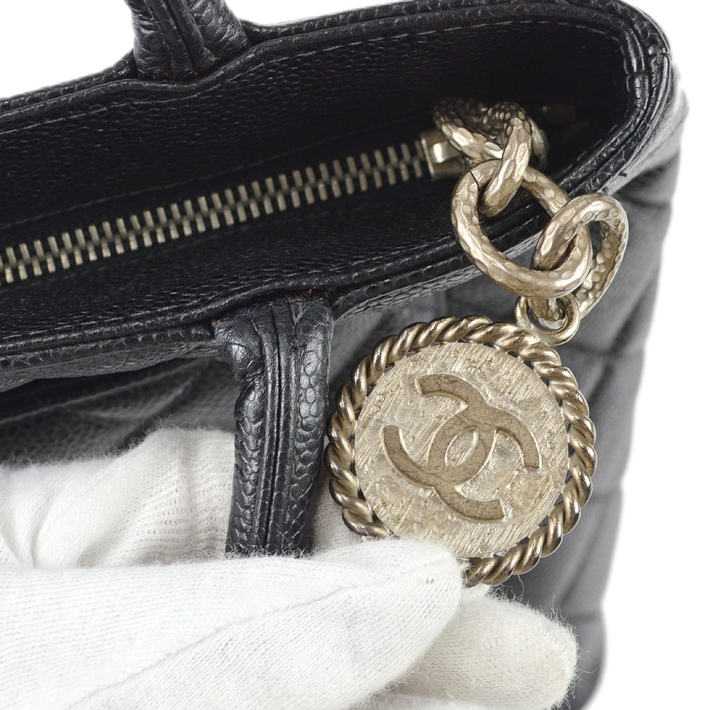 CHANEL Medallion Quilted Tote Handbag Black Caviar 78536