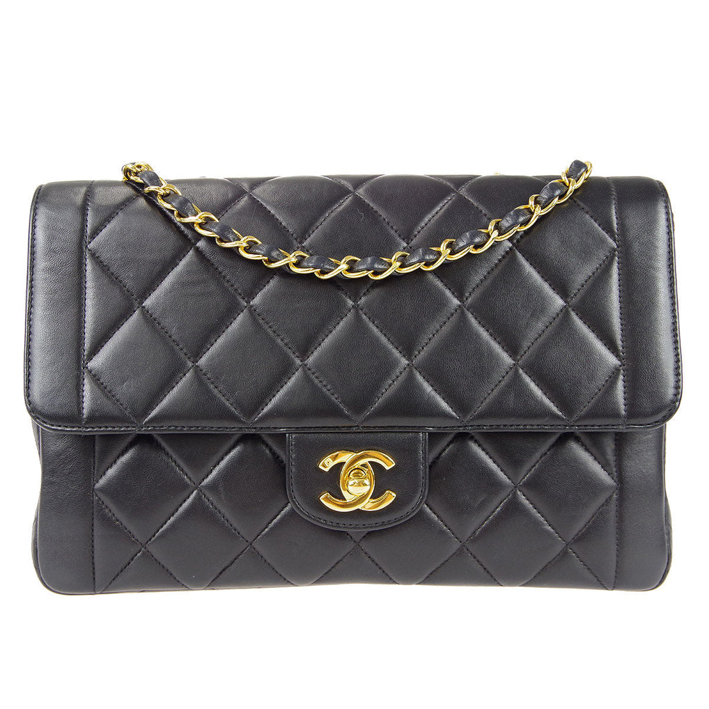 CHANEL Classic Flap Double Chain Shoulder Bag Black Lambskin 67933