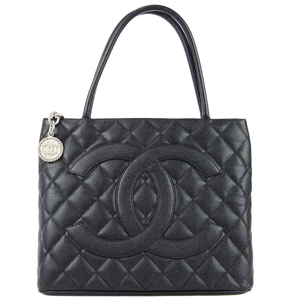 CHANEL Medallion Quilted Tote Handbag Black Caviar 68010