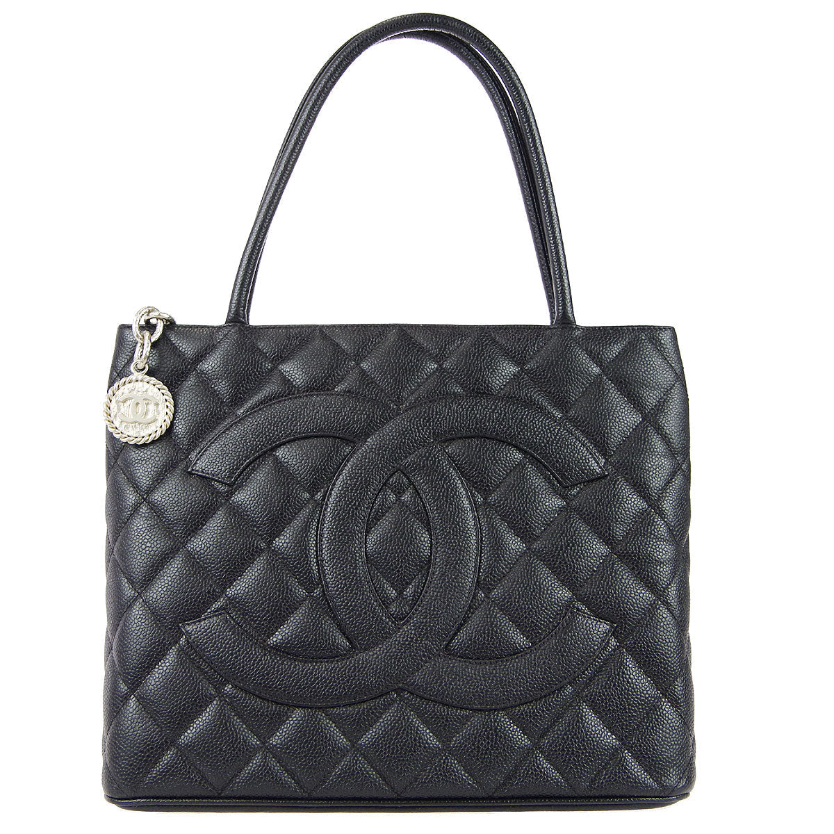 CHANEL Medallion Quilted Tote Handbag Black Caviar 68010